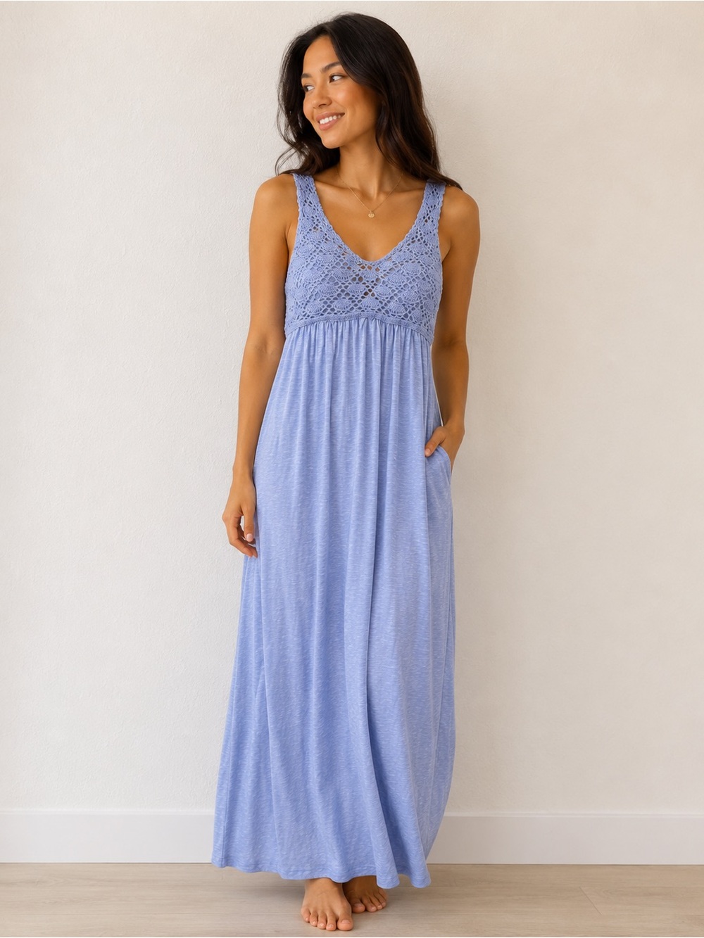 aerie 100% cotton Crochet‎ V‑Neck Maxi Dress in Light Lavender Blue XS